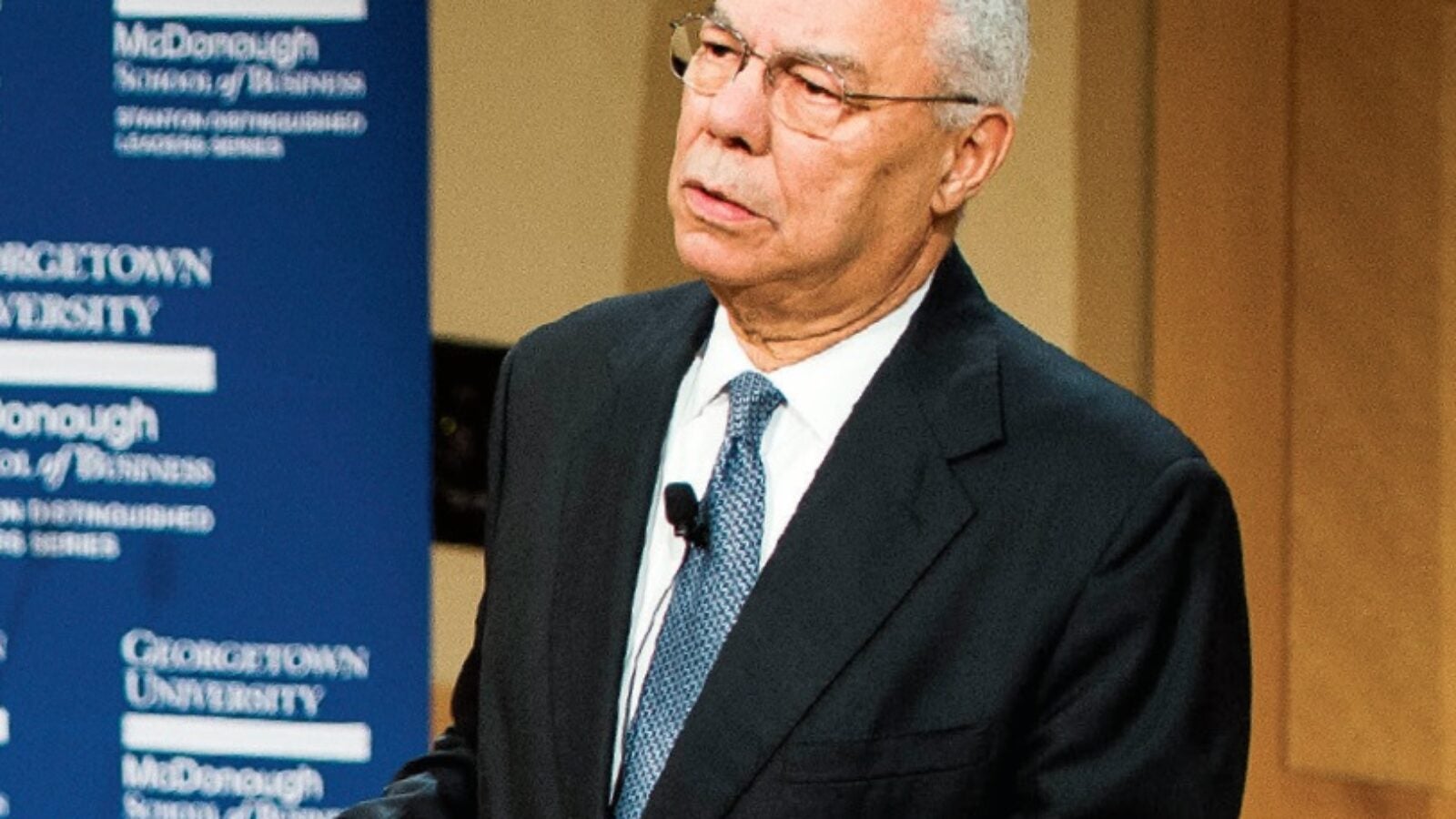 Colin Powell, former U.S. Secretary of State and chairman of the Joint Chiefs of Staff, visited Georgetown’s McDonough School of Business in September to discuss his leadership in military and government roles.