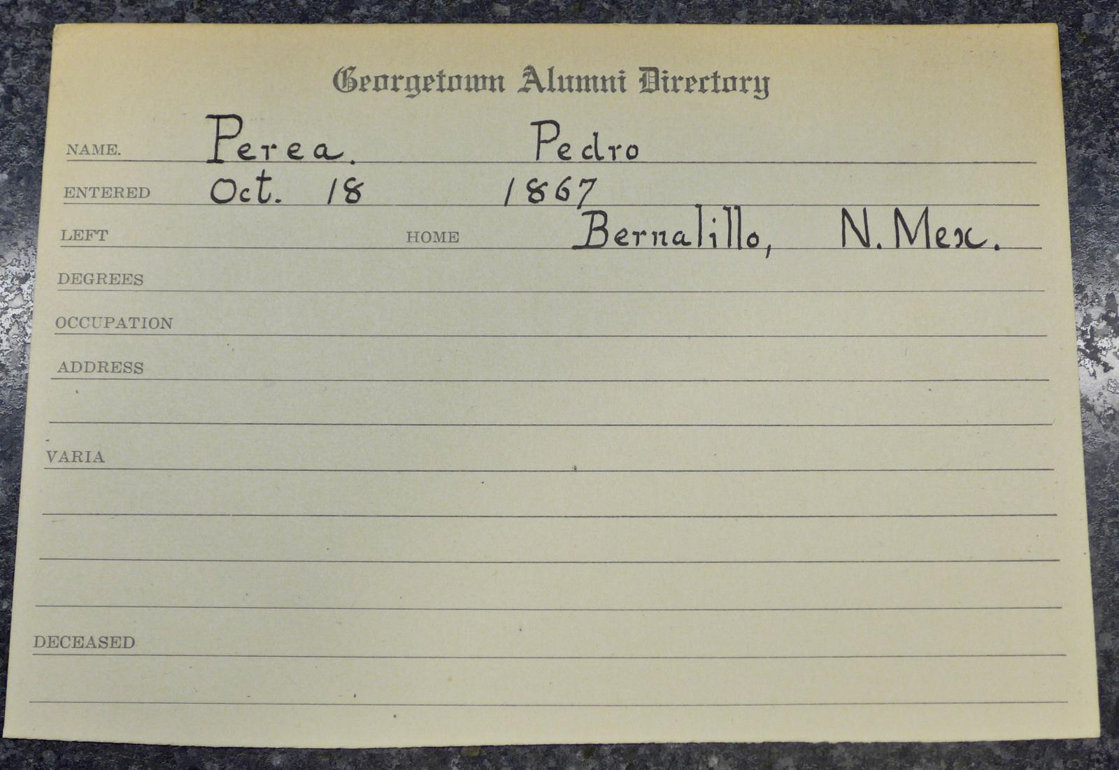 A Georgetown Alumni Directory card with Pedro Perea’s name on it