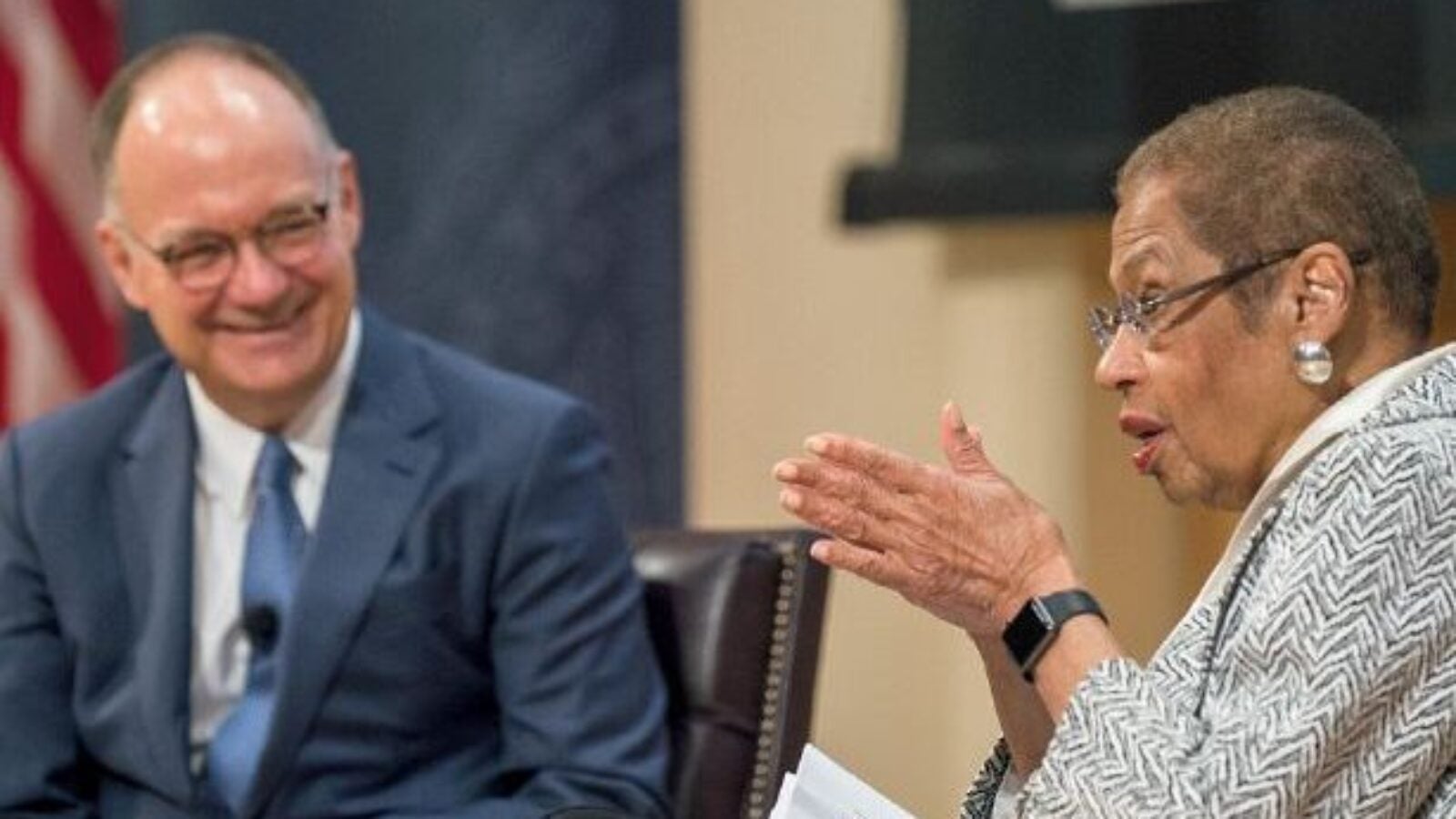 A Saturday morning “fireside chat” brings Eleanor Holmes Norton, Congresswoman forthe District of Columbia, to the stage for a conversation with President John J. DeGioia.