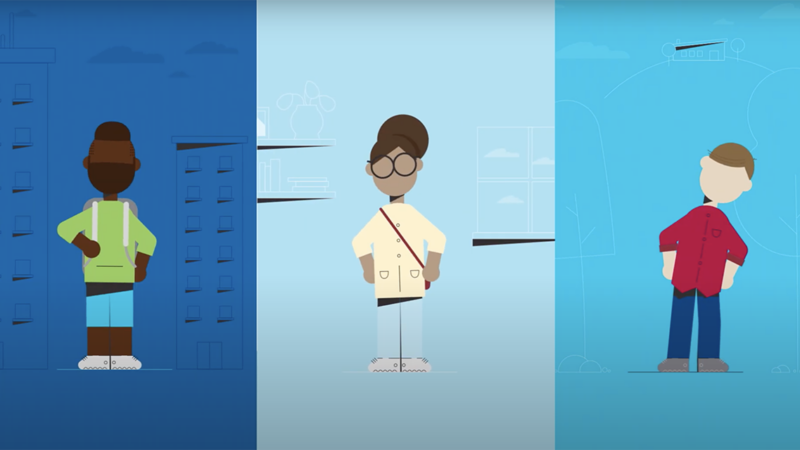 A still from the Georgetown University access & affordability animated explainer showing illustrations of three students