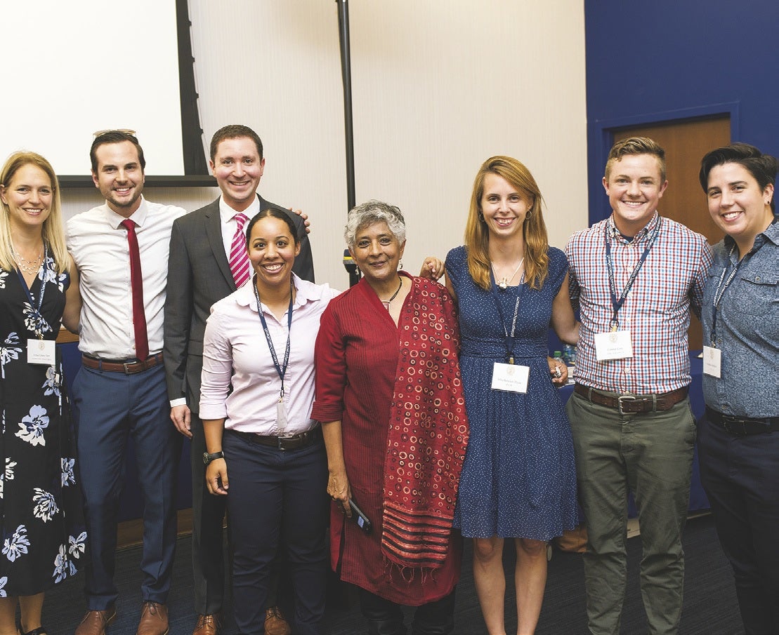 Director Shiva Subbaraman (in red) with student leaders, alumni, and university staff at the center’s 10th anniversary celebration in 2017.