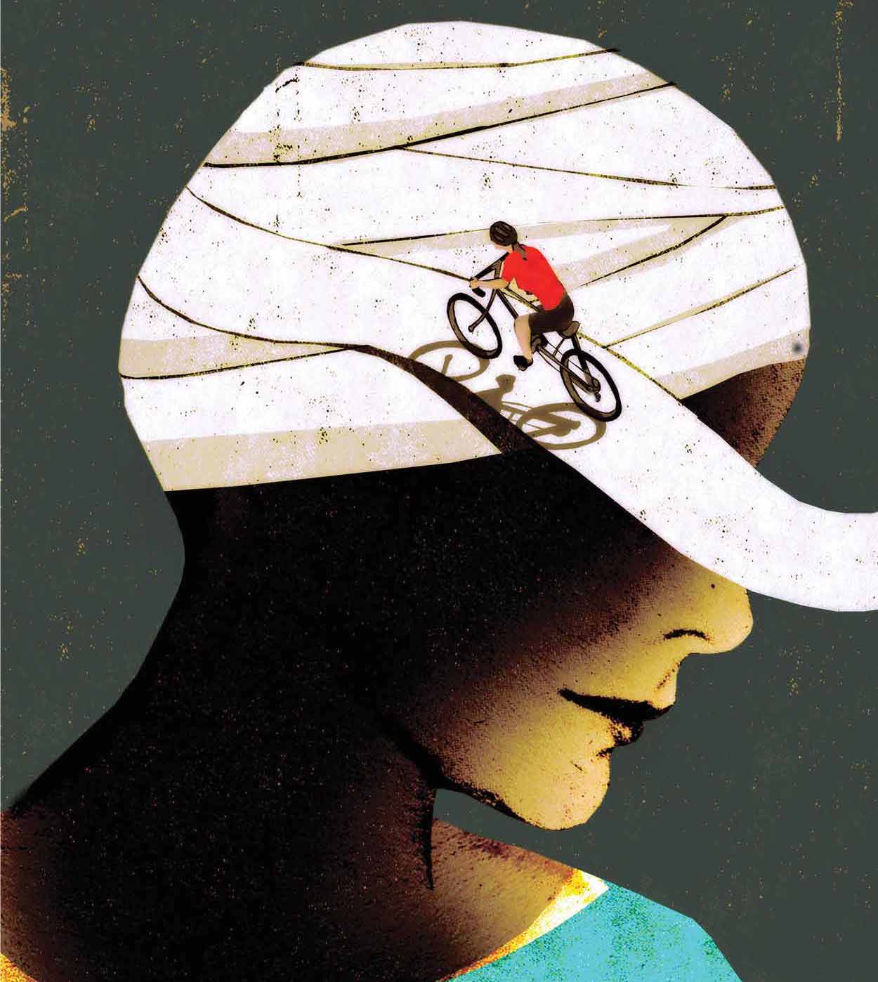 graphic of woman biking onto bandaid wrapped around someone's head