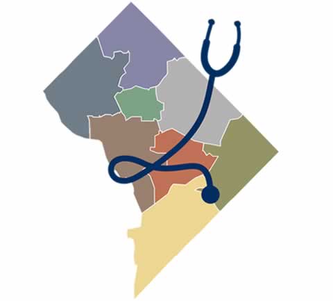Graphic showing outline of city of Washington, DC with a stethoscope overlayed