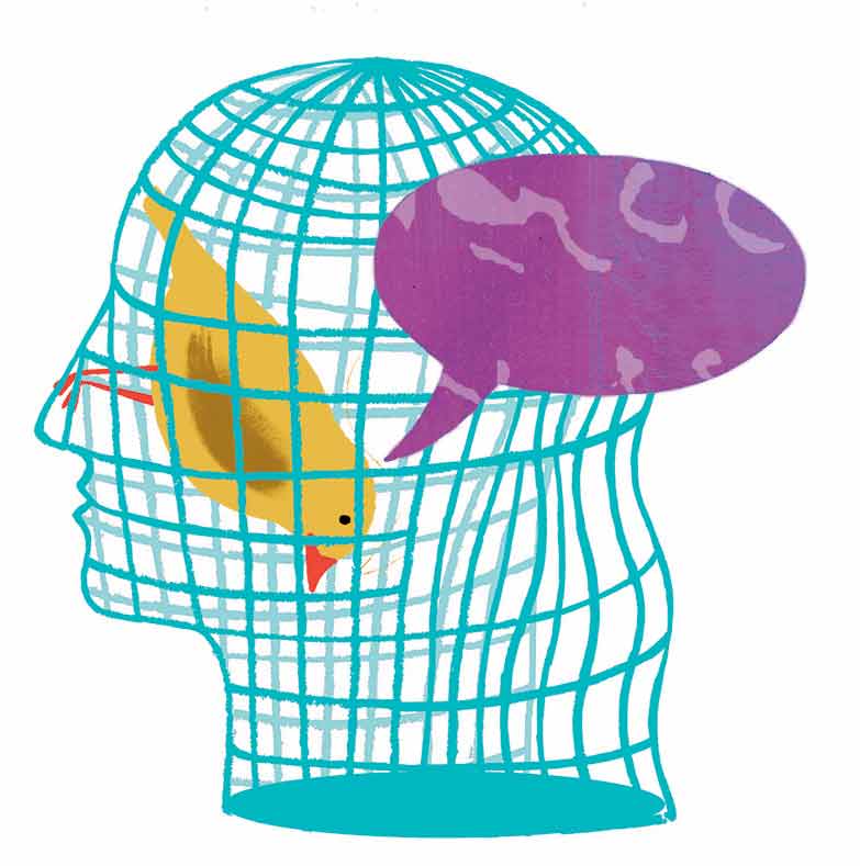 cartoon head that is also a birdcage