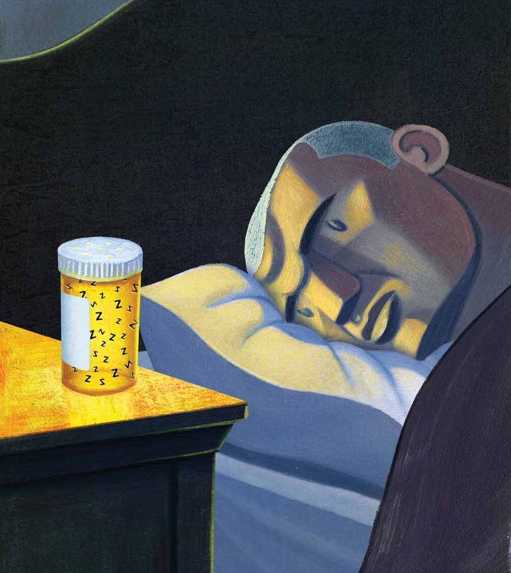 cartoon of man in bed staring longingly at pills