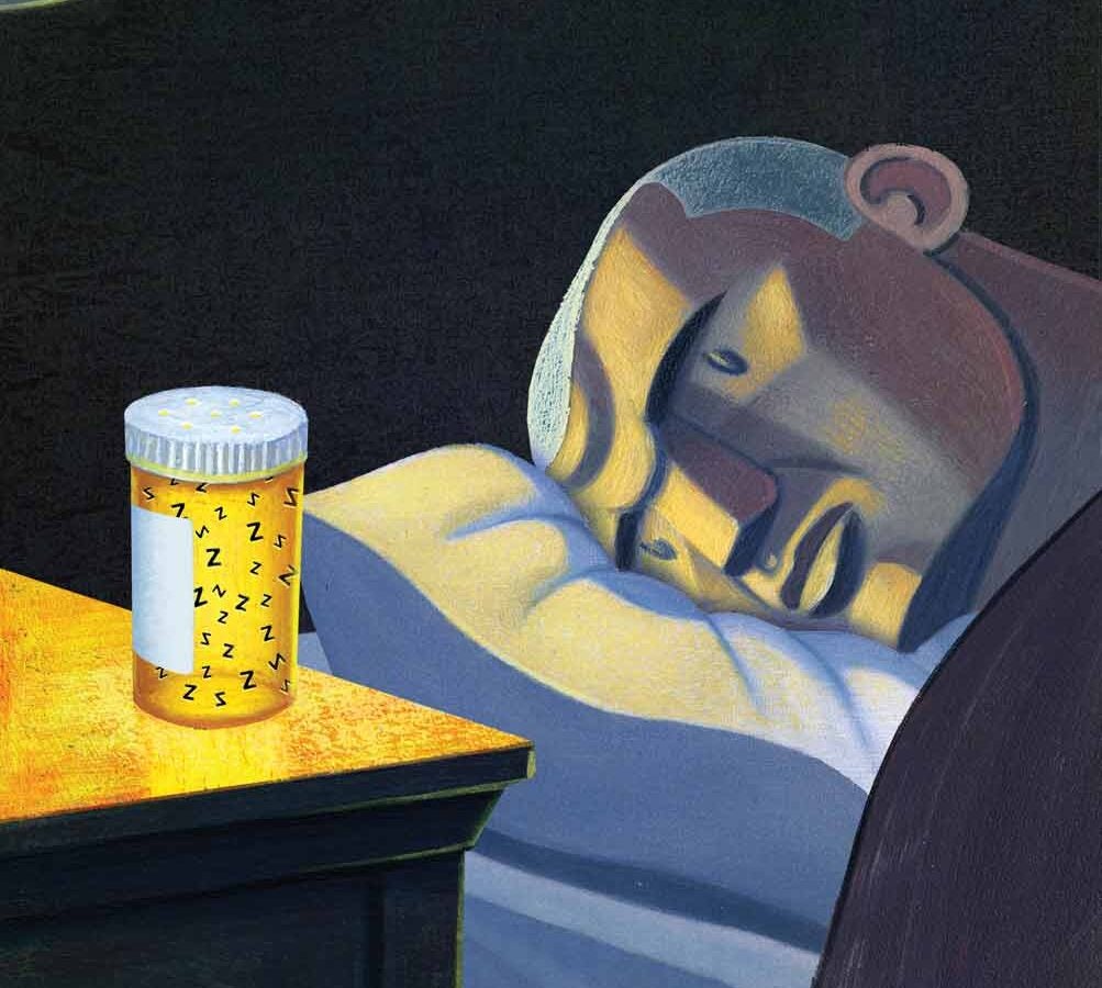 cartoon of man in bed staring longingly at pills