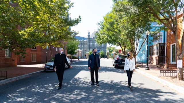 Jerry Hayes, S.J., director of Ignatian Programs, Mark Bosco, S.J., vice president for mission and ministry, and Julia Farr (C’88 and Parent), executive director of the alumni association, shared a socially distanced but still meaningful walk and conversation in September.