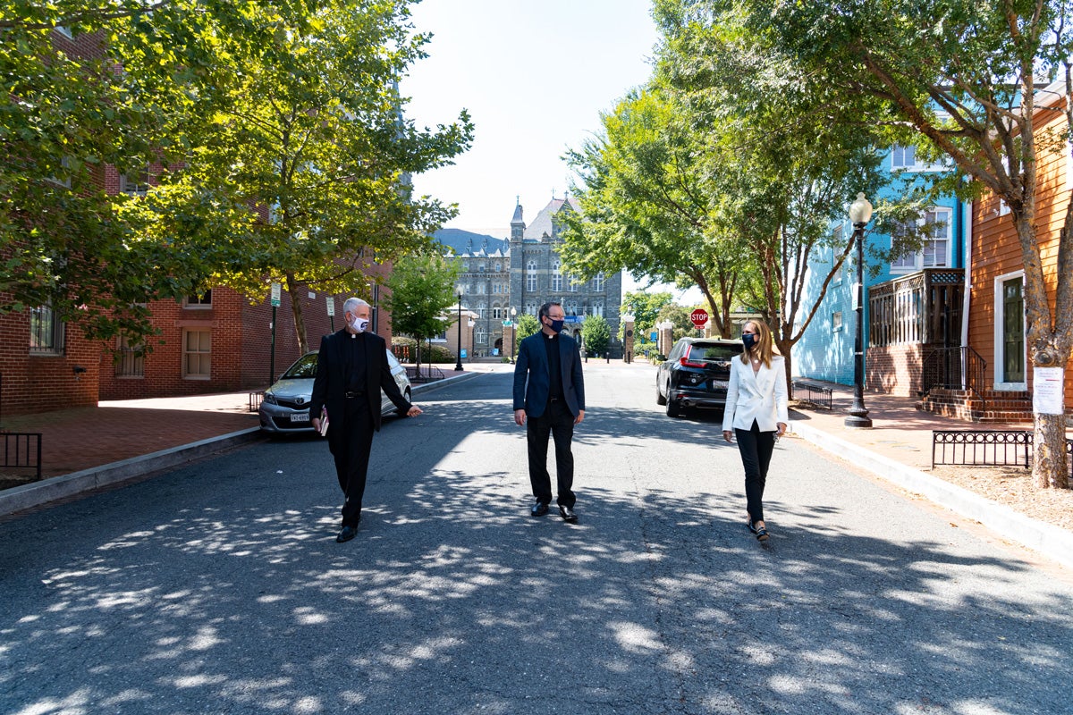 Jerry Hayes, S.J., director of Ignatian Programs, Mark Bosco, S.J., vice president for mission and ministry, and Julia Farr (C’88 and Parent), executive director of the alumni association, shared a socially distanced but still meaningful walk and conversation in September.