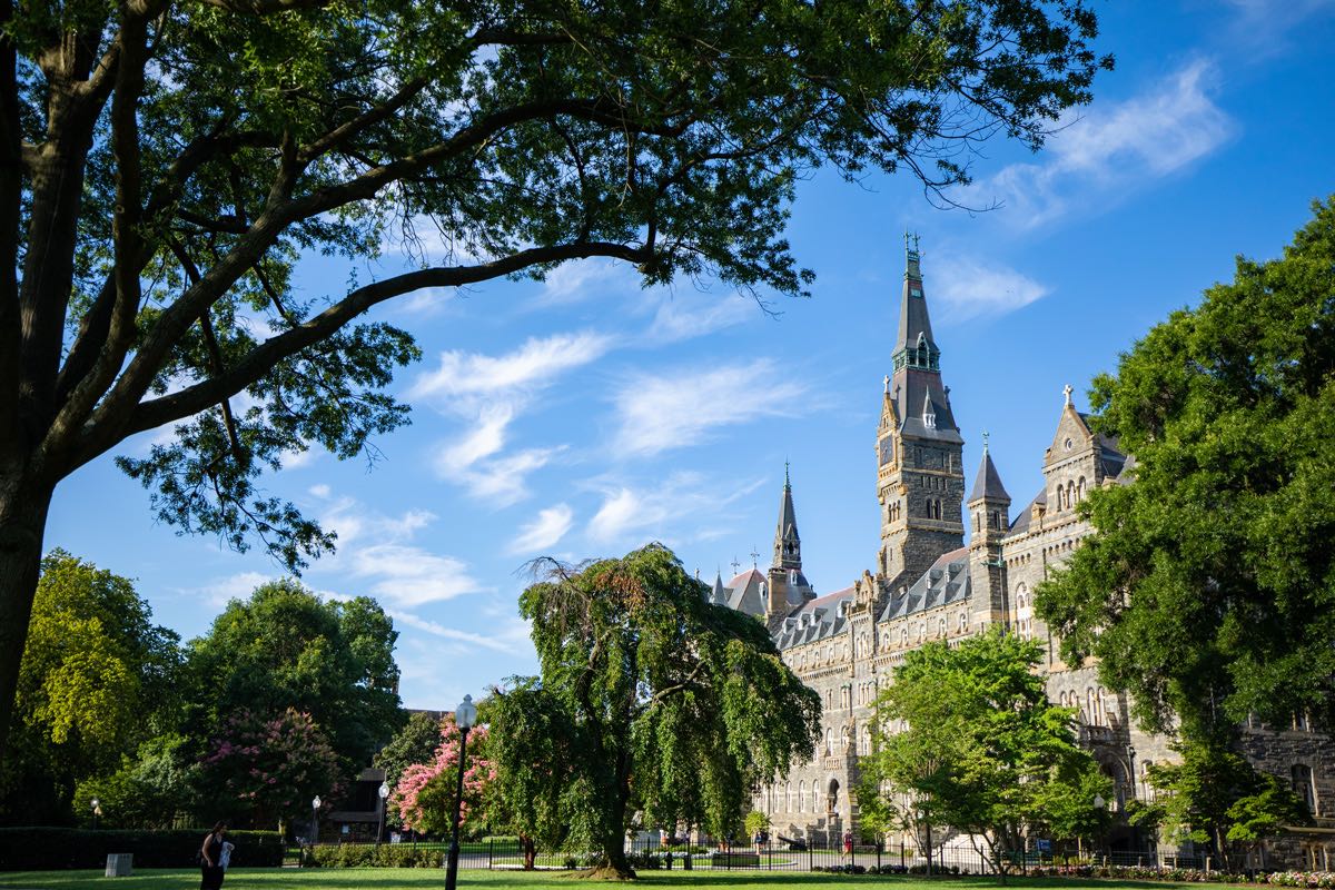 healy hall with blue skies and clouds behind