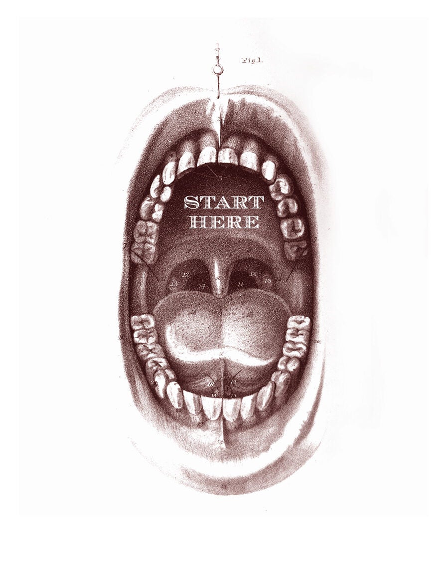 open mouth graphic that has words inside that say Start Here