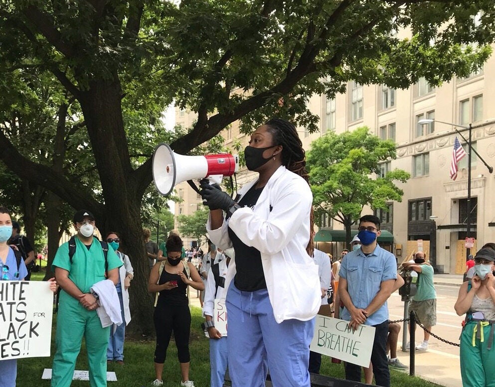 Georgetown medical student Jennifer Gyamfi Holiday (M’22) speaks to health care providers about anti-Black racism and implicit bias in medicine before a White Coats for Black Lives protest at the White House in June.