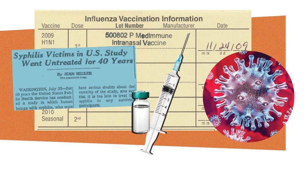 graphic of vaccine card with syringe and virus