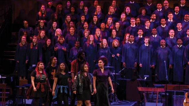 Fatima Dyfan (C’21) (third from left) performs in an ensemble work of theater, dance, and spoken word, co-directed by Maya Roth and Mar Cox (C’17), as part of the 2018 Martin Luther King Jr. Day celebration at the Kennedy Center.