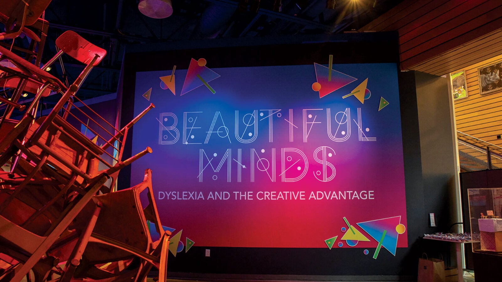 An interactive art exhibit entitled “Beautiful Minds: Dyslexia and the Creative Advantage” illustrates how, as people learn to read, their neural activity increases.