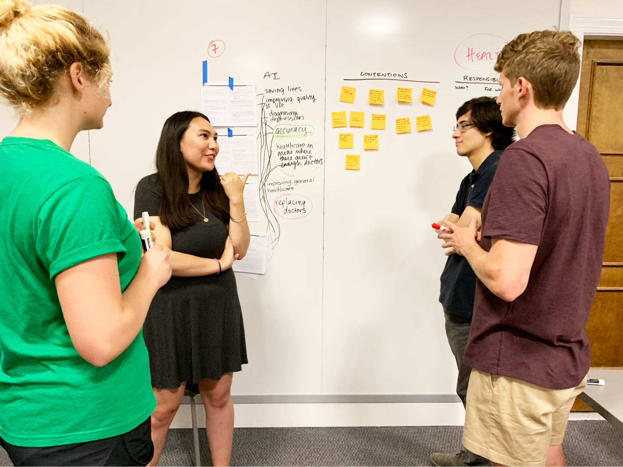 Students in the Fall 2019 Introduction to AI course use a white board and sticky notes in an interactive exercise.