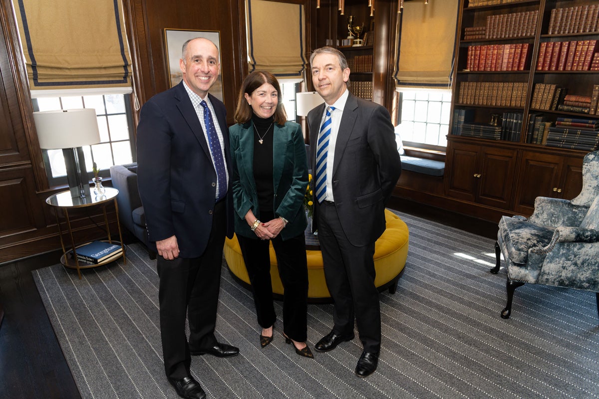 GUAA President Frank Ciatto (B’88, L’94, Parent’21) with Kathie (C’88, MA’89) and Tim (B’89) Fording (Parents’25) in the Fording Family Library
