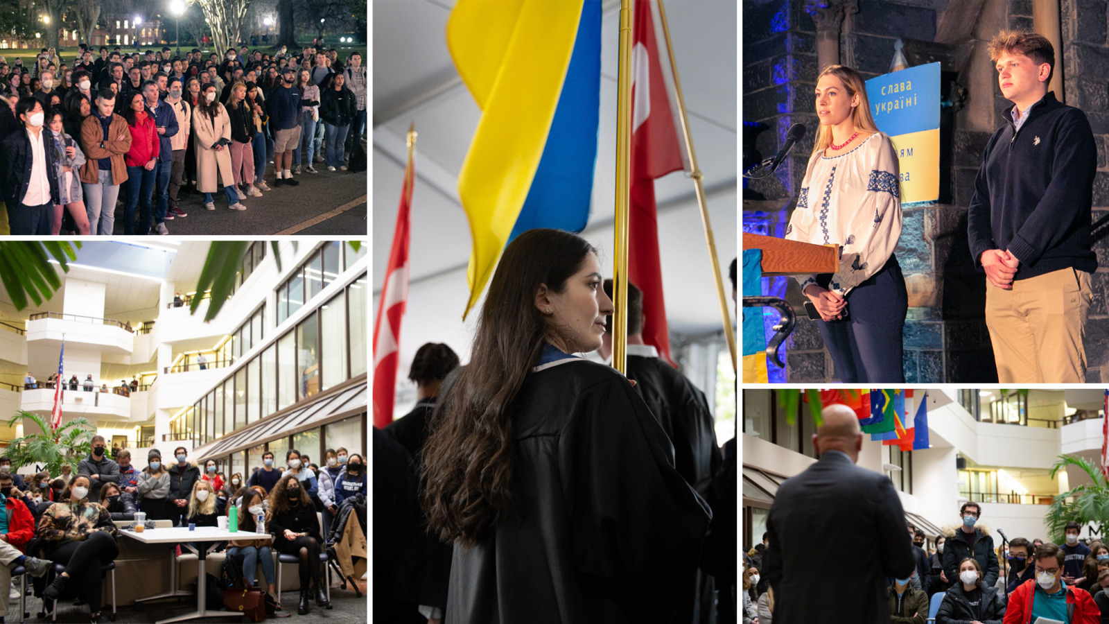 images from a town hall about Ukraine on Feb. 24, 2022; a student-organized rally to support Ukraine on March 2, 2022; and Ukrainian student Salome Mikadze carrying the Ukrianian flag at Senior Convocation on May 19, 2022