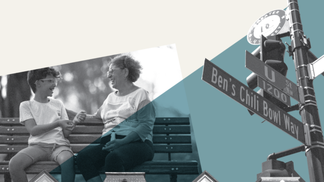 grphic with a kid and grandma, houses and u street sign