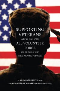 A silhouette of a soldier salutes in front of the American flag with the words "Supporting Veterans After 50 Years of the All-Volunteer Force and 20 Years of War: Ideas Moving Forward