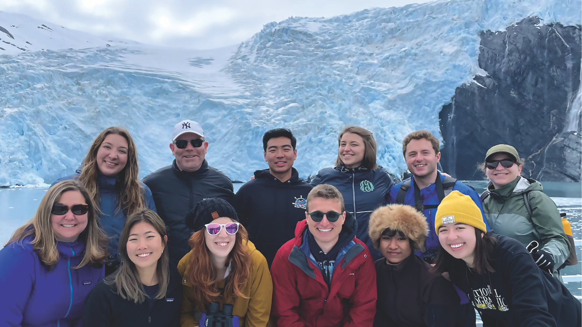 students in front of glacier