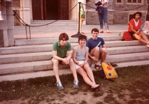 “The attached photos is from fall 1984 probably orientation activities. I’m with Todd Lloyd SFS’88 and Chris Byrne (SLL’85). Chris and I both lived in Art Hall (Ryder Hall).”