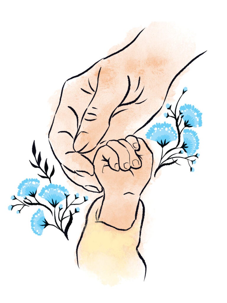 graphic of an adult hand holding a baby hand surrounded by flowers