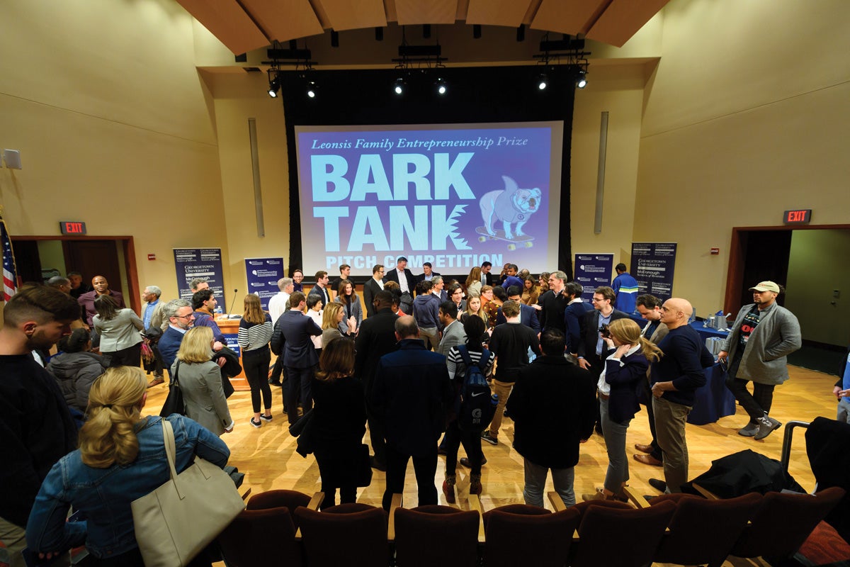 Students and alumni pitch business ideas for prize money at the annual Bark Tank competition.