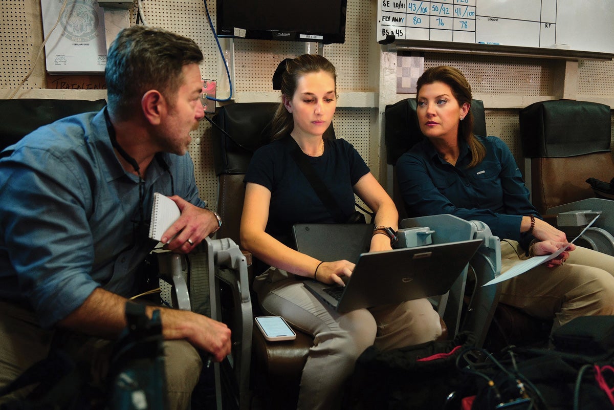 O’Donnell (right) works on questions with 60 Minutes producers Keith Sharman (left) and Roxanne Feitel (C’16) aboard the USS Nimitz in the Western Pacific. In addition to the two-part story about the U.S. Navy’s readiness amid rising tensions with China, O’Donnell anchored the CBS Evening News aboard the Navy aircraft carrier.