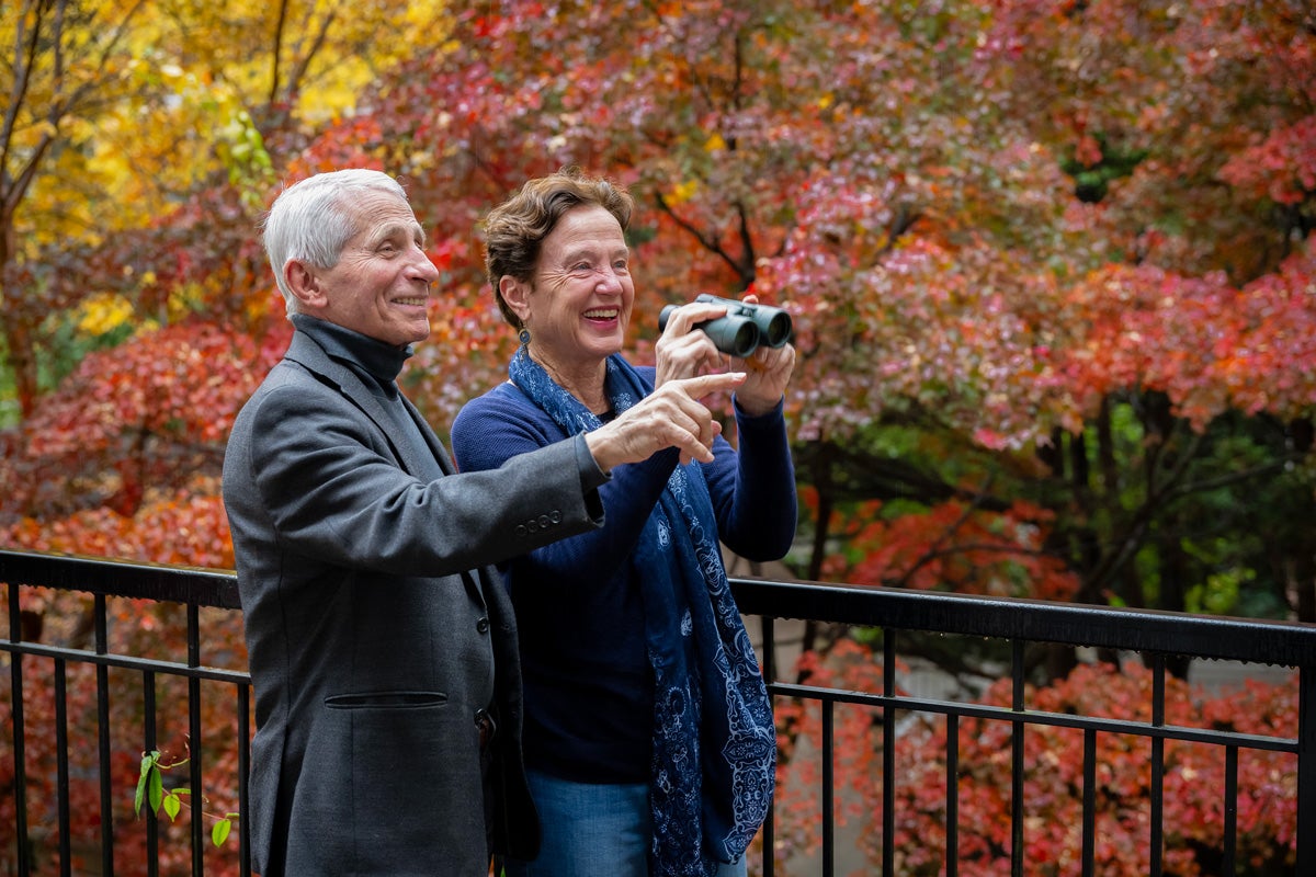 a man and a woman with binoculars look for birds in bright autumn foliage
