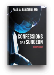 a surgeon in a medical gown bends over the words "confessions of a surgeon: a deeper cut"