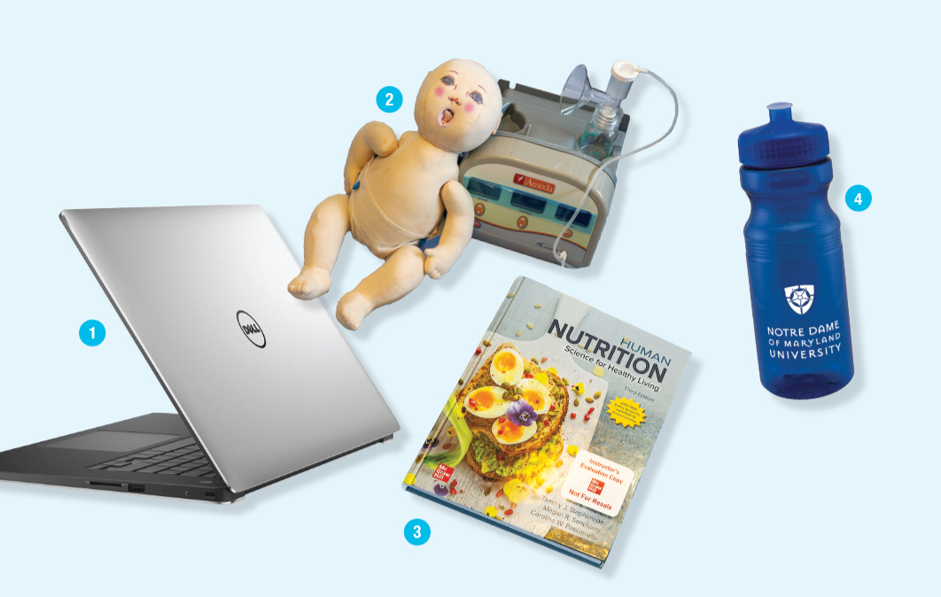 picture of a silver laptop, nursing textbook, water bottle, lactation pump and baby doll, and a woman in a blue blazer