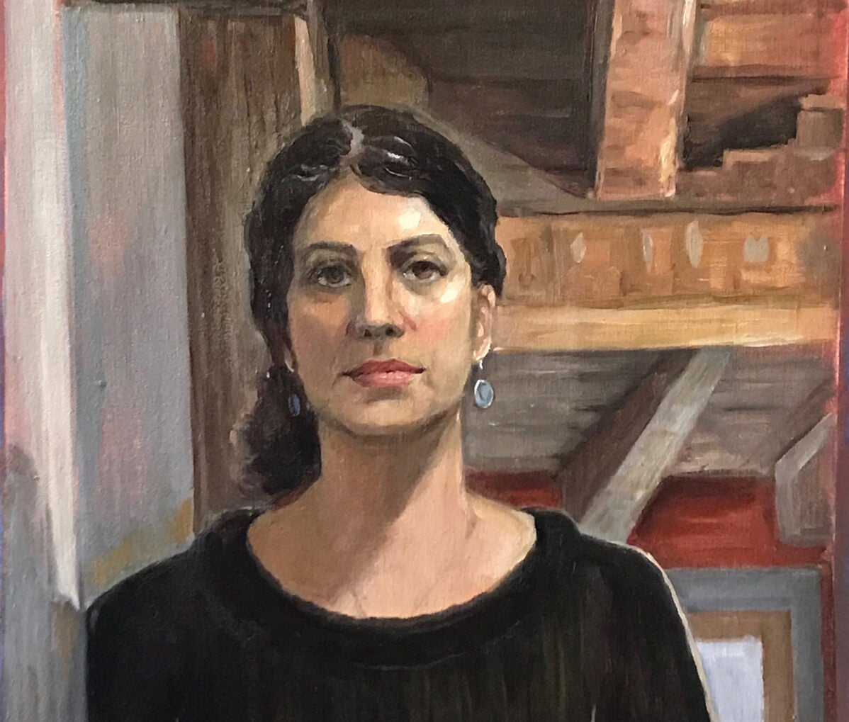 a painting of a woman in a black long-sleeve shirt with black hair and brown eyes