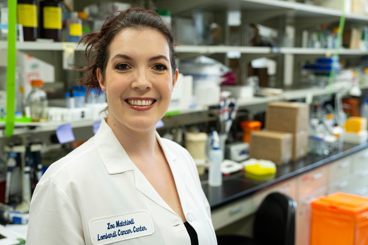 Recent graduate Zoe Malchiodi, Ph.D. (MS’19, G’24), was named the 2023–4 Matt Riddle Scholar for the Metropolitan Washington Chapter of the Achievement Rewards for College Scientists Foundation. The award funds her crucial research preformed at Georgetown University assessing natural killer cells in pancreatic cancer samples.