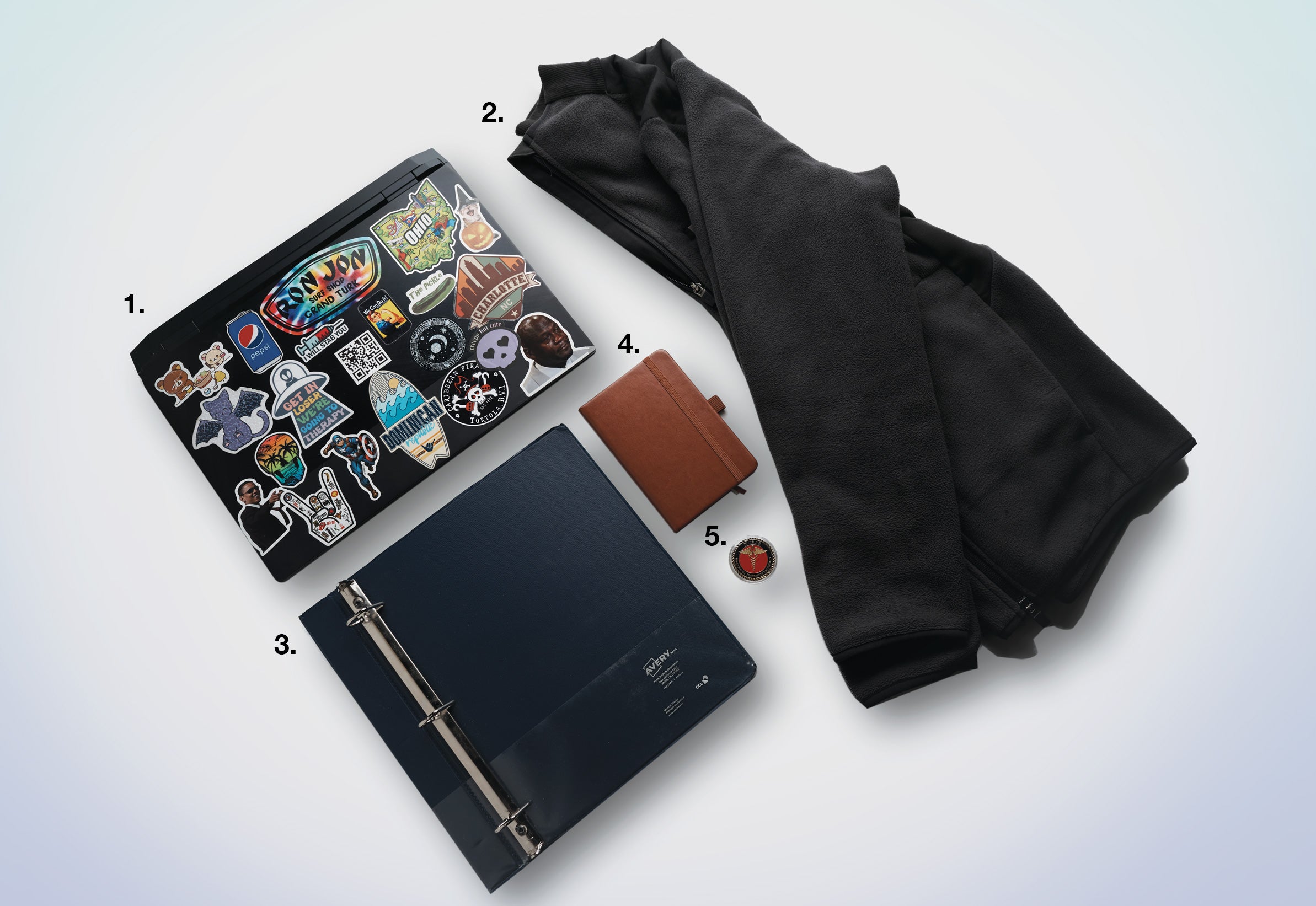 laptop, sweatshirt, notebook, binder