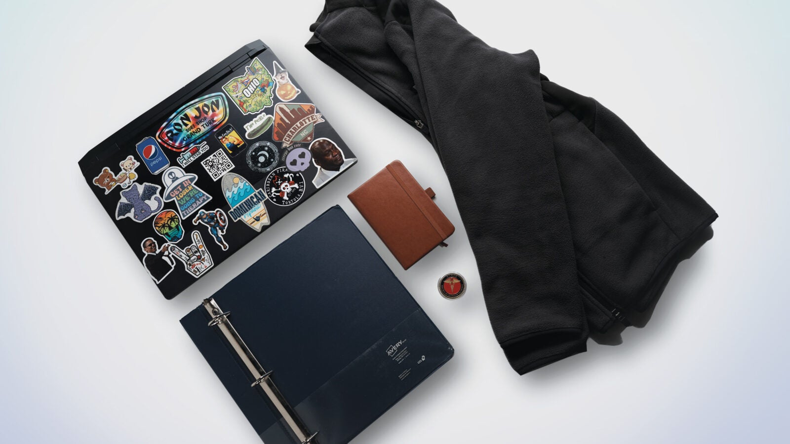 laptop, sweatshirt, notebook, binder