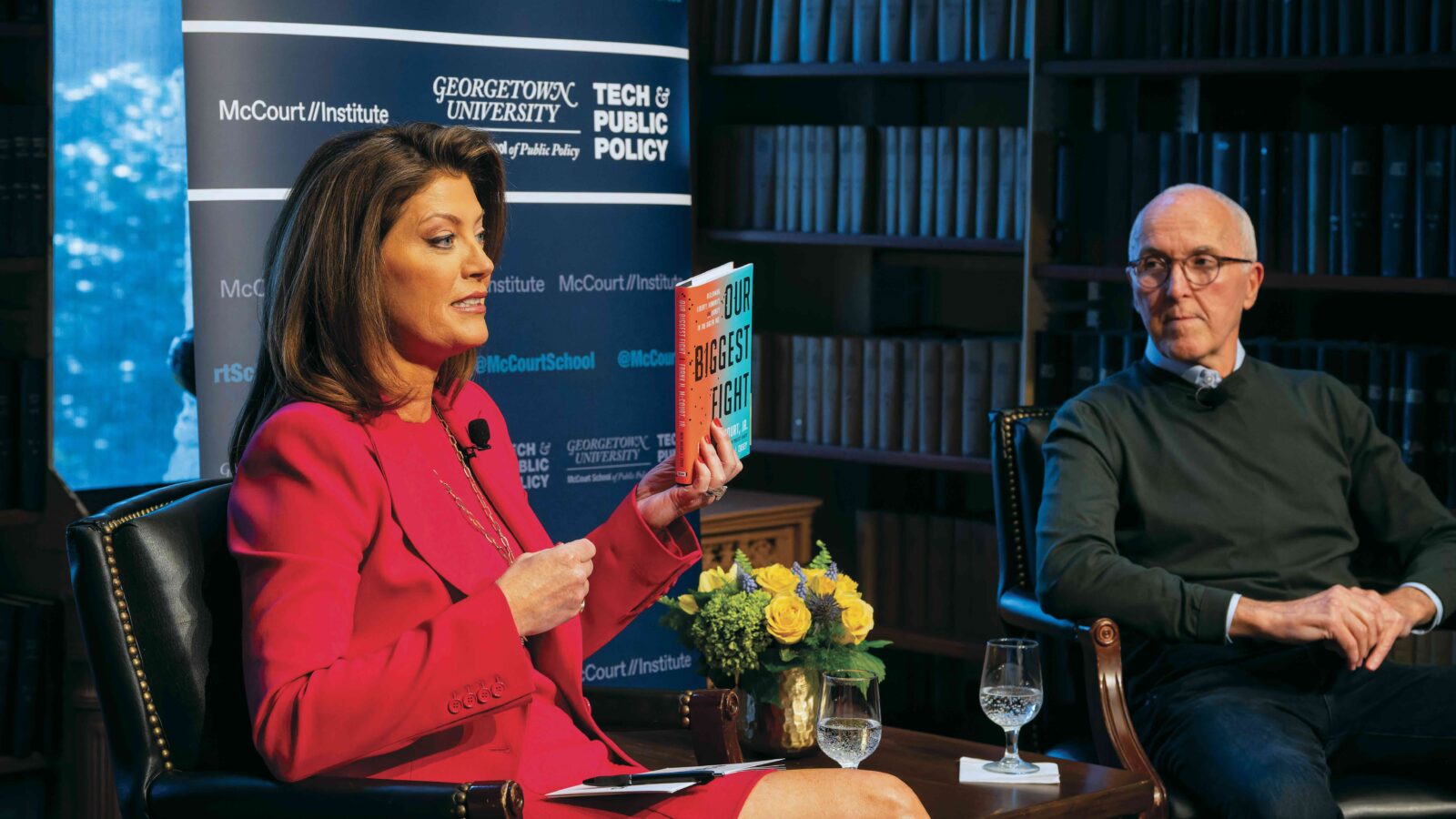 Frank H. McCourt Jr. (C’75) talks about his new book with CBS Evening News anchor and managing editor Norah O’Donnell (C’95, G’03) in Riggs Library last March. | Photo: Phil Humnicky