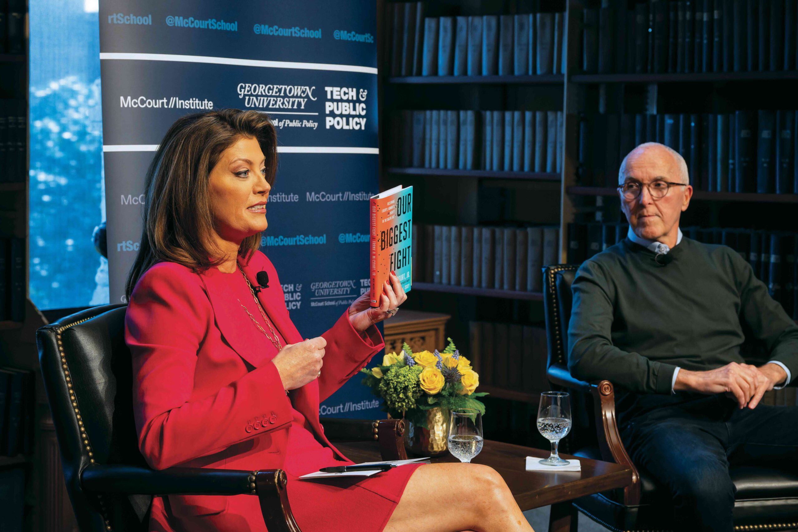 Frank H. McCourt Jr. (C’75) talks about his new book with CBS Evening News anchor and managing editor Norah O’Donnell (C’95, G’03) in Riggs Library last March. | Photo: Phil Humnicky