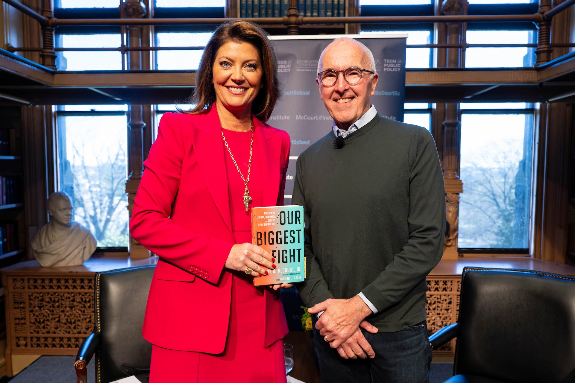 Frank H. McCourt Jr. (C’75) talks about his new book with CBS Evening News anchor and managing editor Norah O’Donnell (C’95, G’03) in Riggs Library last March. | Photo: Phil Humnicky