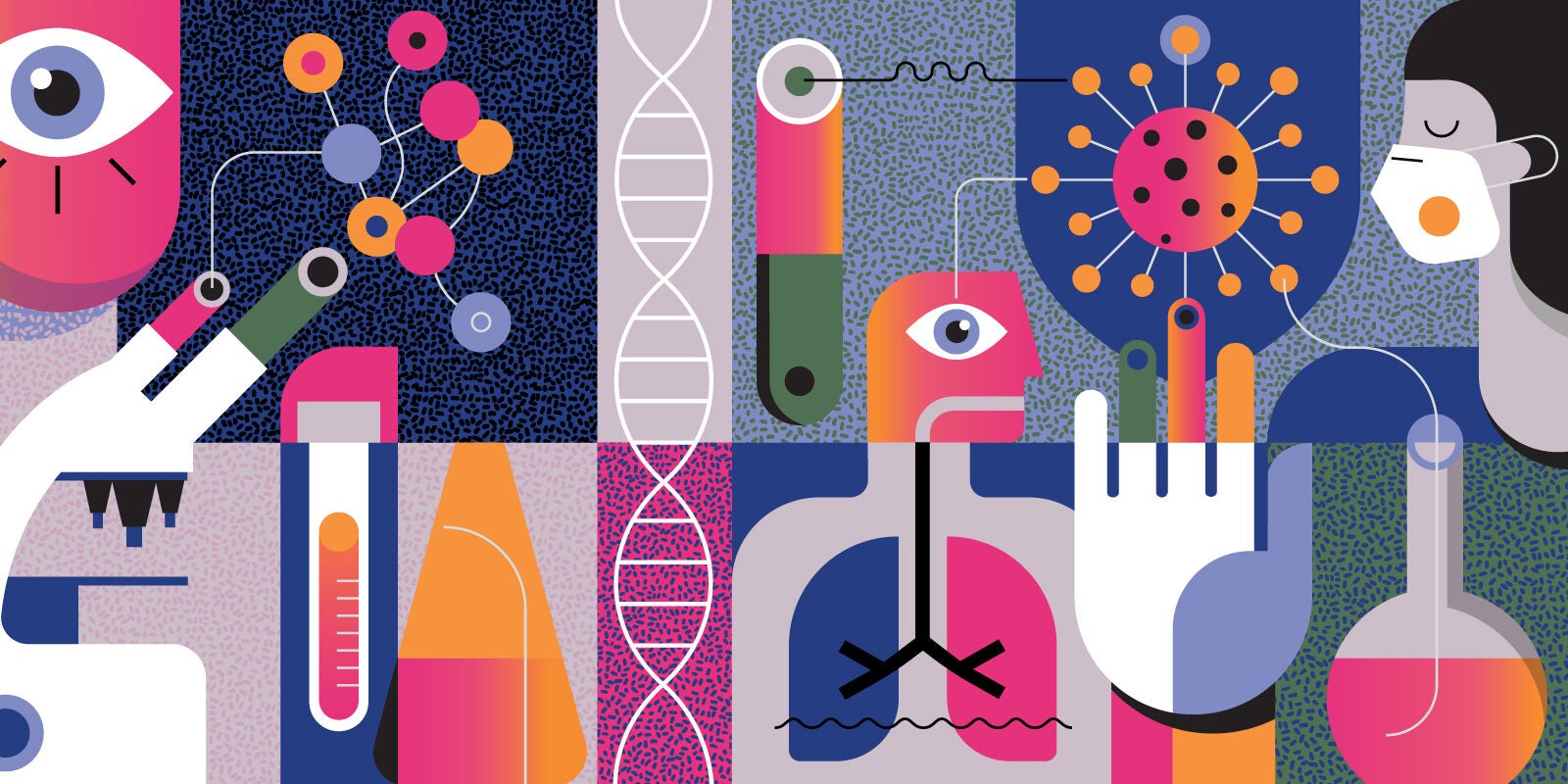 colorful graphics of medical innovation and microscope