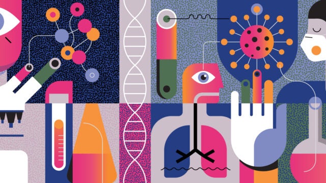colorful graphics of medical innovation and microscope