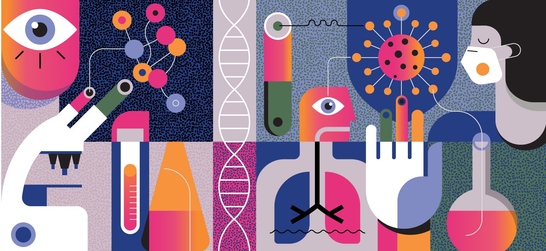 colorful graphics of medical innovation and microscope