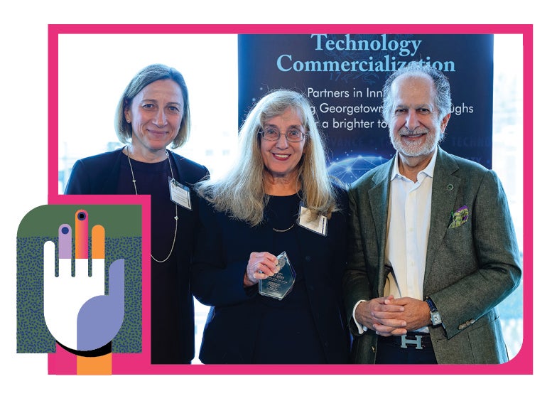 (From left to right) Tatiana Litvin-Vechnyak, Ph.D., vice president of technology commercialization; Jill P. Smith, M.D., professor; Spiros Dimolitsas, Ph.D., senior vice president for research and chief technology officer