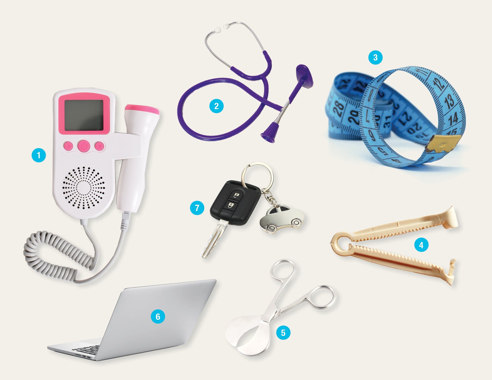 medical instruments like a cord clamp, computer, and stethoscope