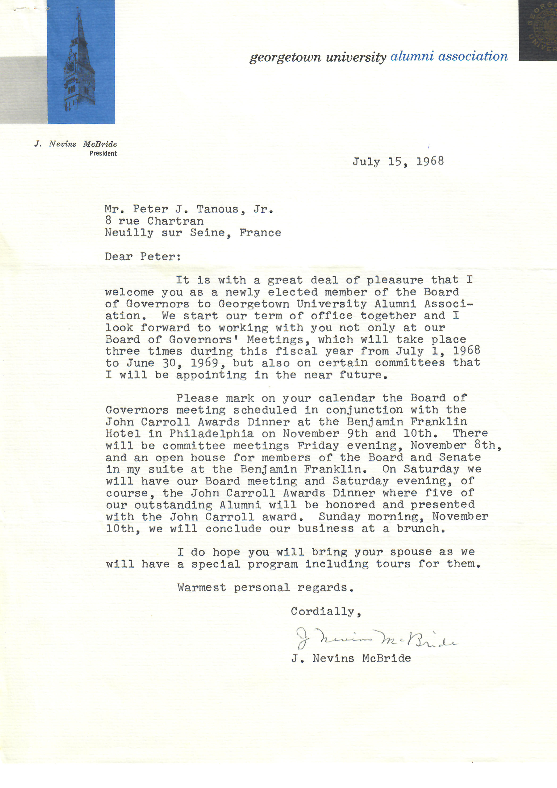Letter to Peter J. Tanous, Jr. from J. Nevins McBride dated July 15, 1968.