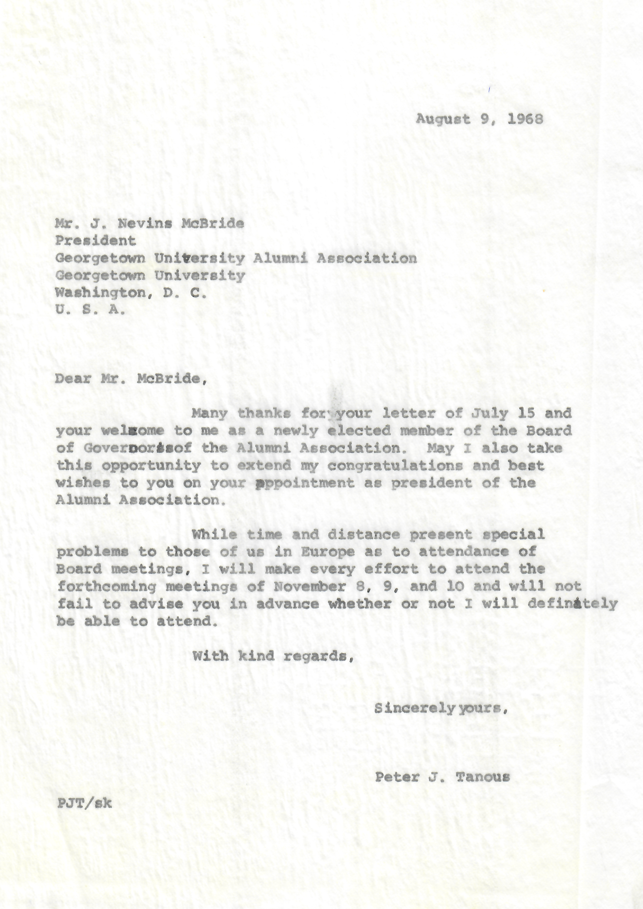 Reply letter from Peter J. Tanous to Mr. J. Nevins McBride dated August 9, 1968.