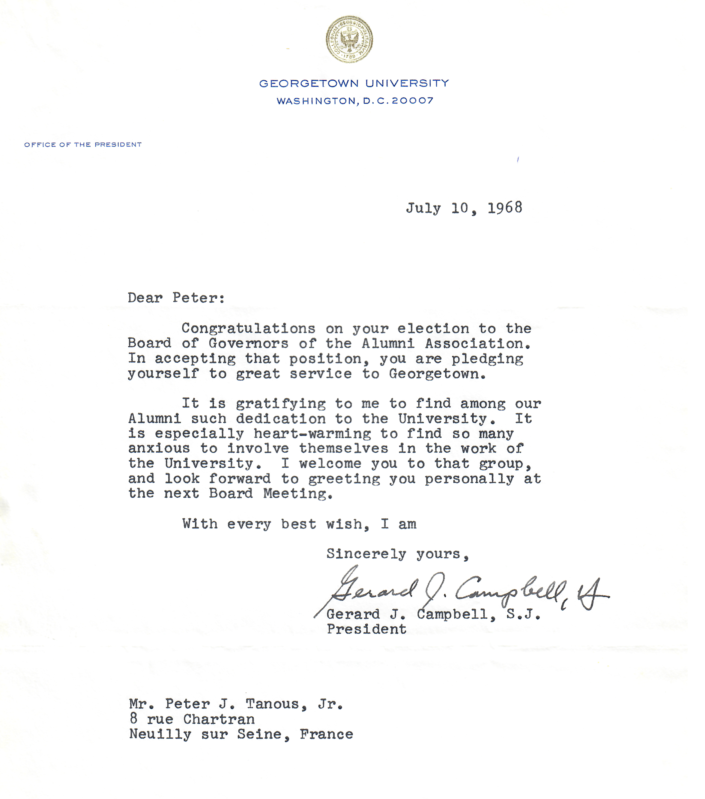 Letter from Gerard J. Campbell, S.J. to Peter J. Tanous, Jr. dated July 10, 1968.