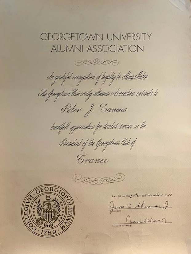 Certificate from the Georgetown University Alumni Association to Peter J. Tanous.