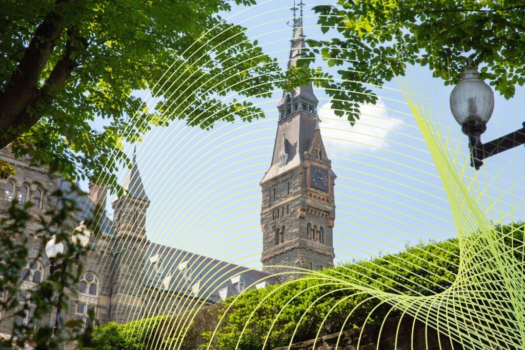 a campus building and trees with a green web overlay around it