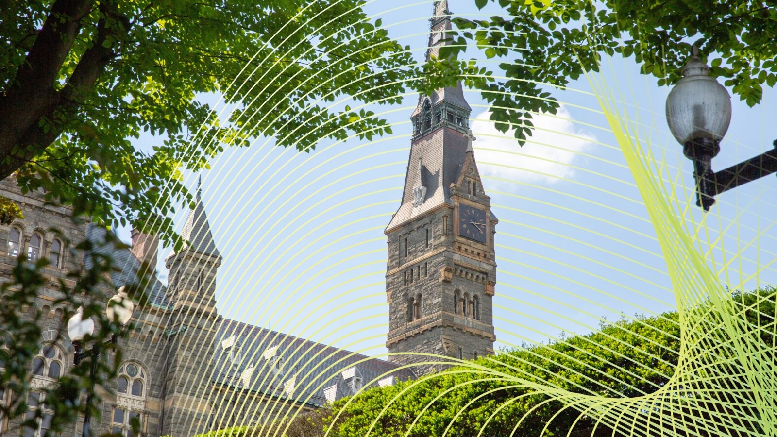 a campus building and trees with a green web overlay around it
