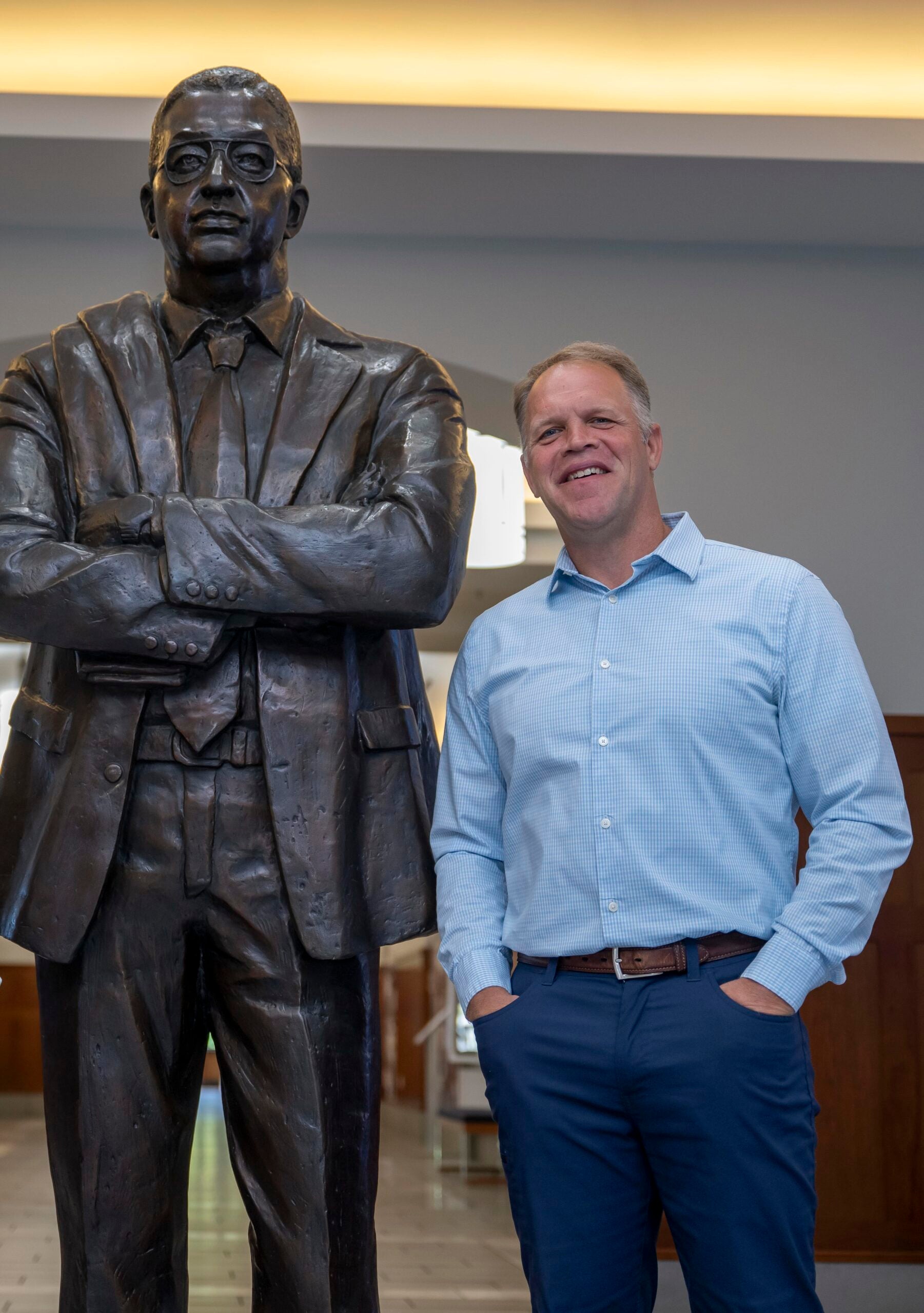Mazurkiewicz looks at the statue of John R. Thompson Jr. every day as he works with student-athletes. He makes equity an important part of his work. | Photo: Lisa Helfert